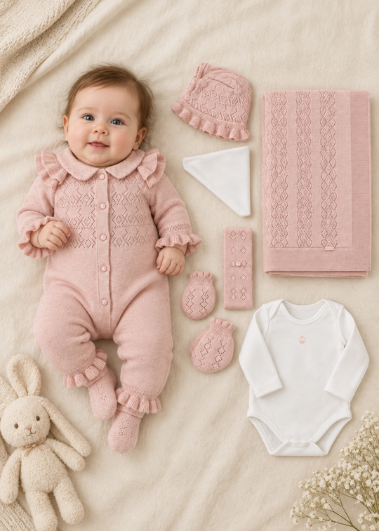 Set Nou-Nascut Tricotat Somon 7 Piese pentru Fete 3167 – Leo King
