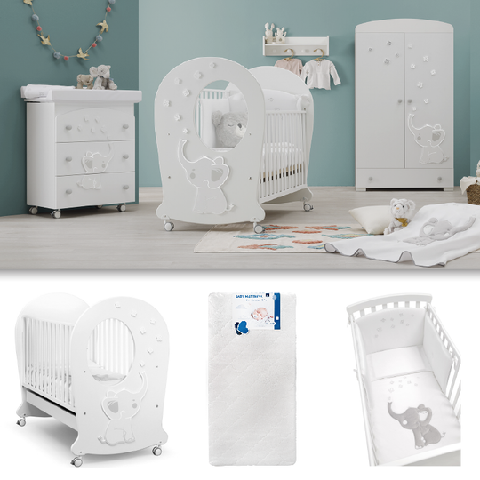 Baby bedroom 3 pieces Elly Oblo Cot + Mattress + Textile Protection Set 