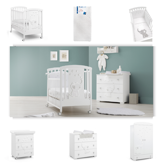 Elly Complete Bedroom 6 pieces Bed + Mattress + Protective Textile Set + Dresser + Cabinet + Wardrobe 