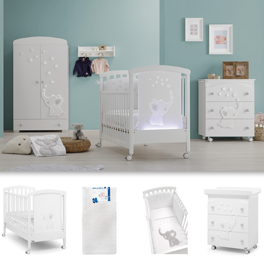 Elly LED 4-piece Baby Bedroom Cot + Mattress + Protective Textile Set + Chest of Drawers 