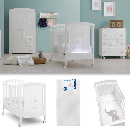 Baby bedroom 3 pieces Elly LED Wifi Cot + Mattress + Textile Protection Set 