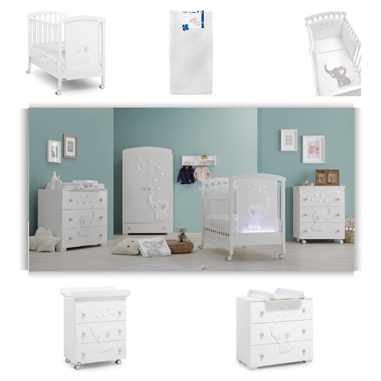 Baby Bedroom Elly LED Wifi 5 pieces Cot + Mattress + Textile Protection Set + Dresser + Cabinet 