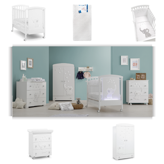 Elly LED Wifi Baby Bedroom 5 pieces Cot + Mattress + Protective Textile Set + Dresser + Wardrobe 