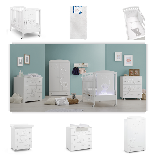 Dormitor Complet Elly LED WIFI 6 piese Patut + Saltea + Set Textil Protectie + Comoda + Cabinet + Dulap