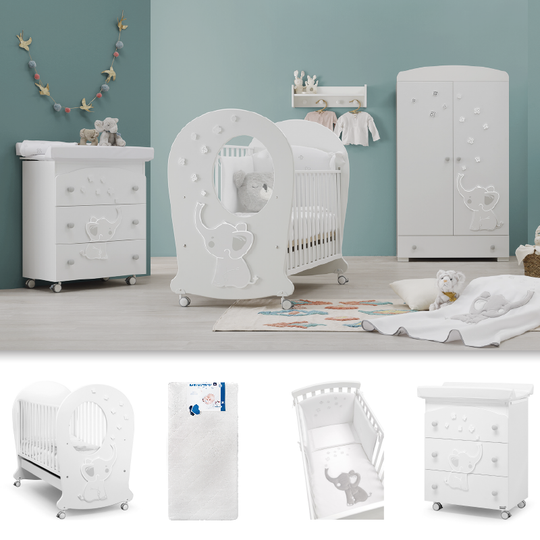 Baby bedroom Elly Oblo 4 pieces Cot + Mattress + Protective Textile Set + Chest of drawers 