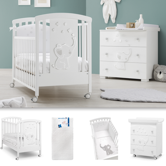 Elly Baby Bedroom 4 pieces Cot + Mattress + Protective Textile Set + Dresser 