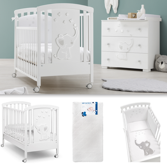 Baby bedroom 3 pieces Elly Cot + Mattress + Textile Protection Set 