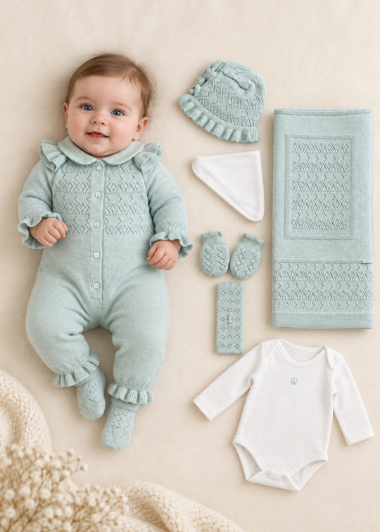 Set Nou-Nascut Tricotat Verde Mint din Bumbac, 7 Piese, pentru Fetite 3167 – Leo King