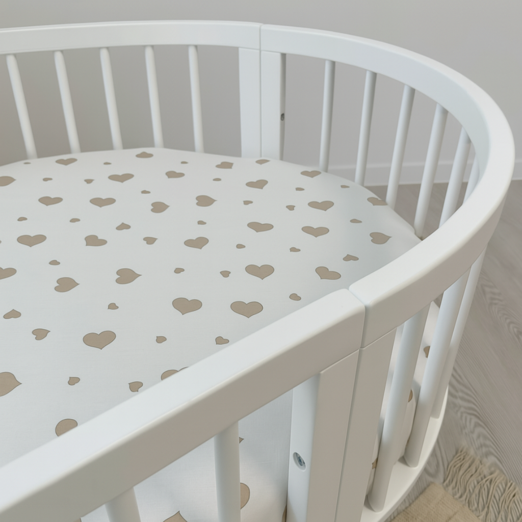 White Sheet with Beige Hearts for Oval Smart Crib 72x72 cm