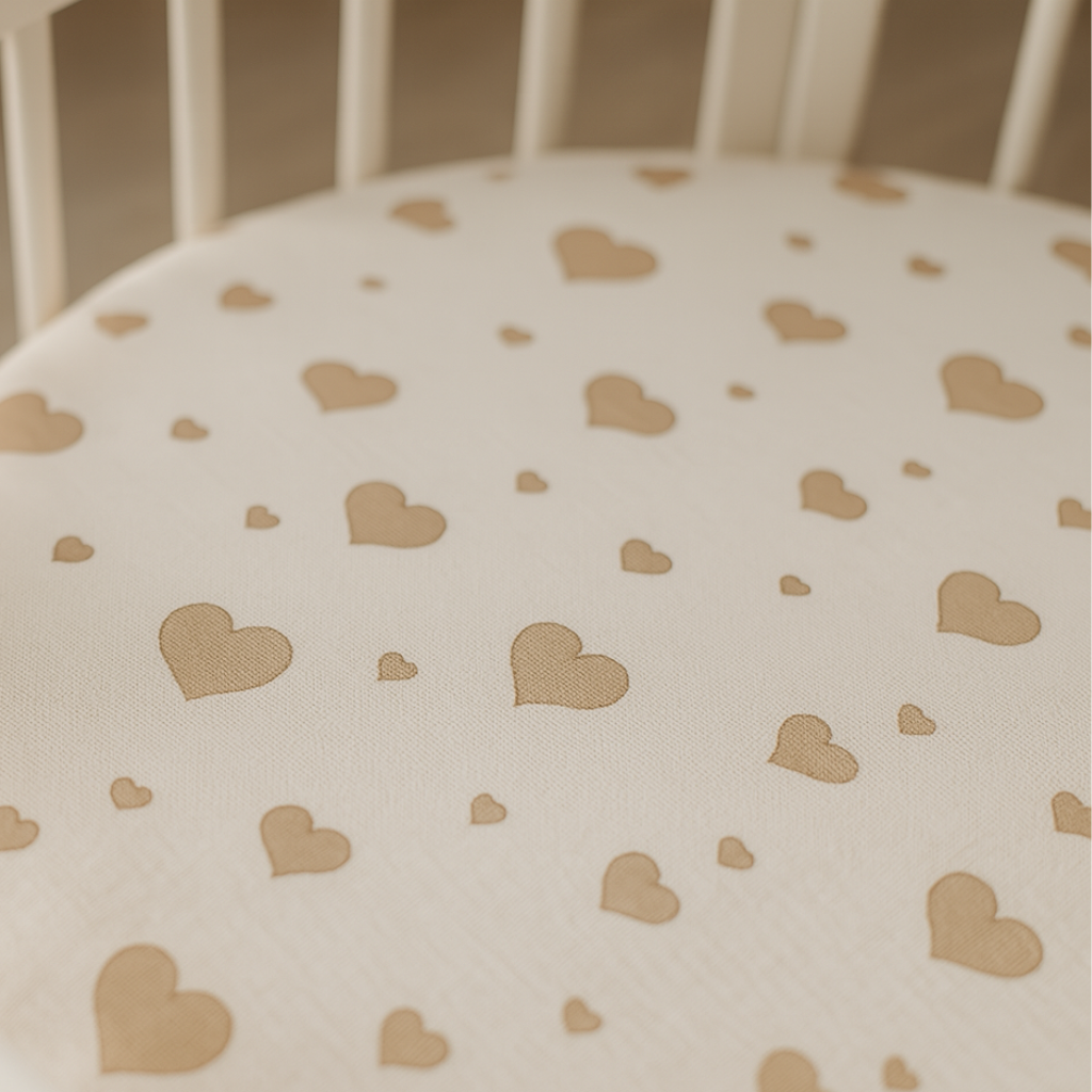 White Sheet with Beige Hearts for Oval Smart Crib 72x72 cm