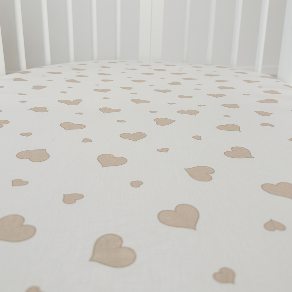 White Sheet with Beige Hearts for Oval Smart Crib 72x72 cm
