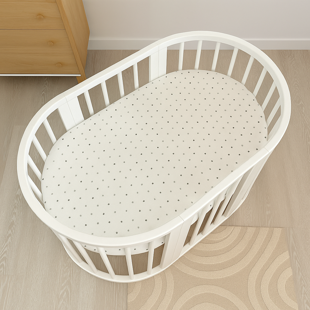 White Sheet with Small Grey Hearts for Oval Smart Crib 72x120 cm
