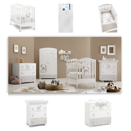 Dormitor Bebelusi Jack 5 piese Pat Saltea Set Textil Protectie Comoda Cabinet