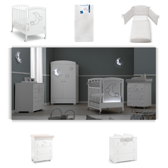 Furniture package 5 pieces Moon Wifi Bed + Mattress + Textile Protection Set + Dresser + Cabinet 