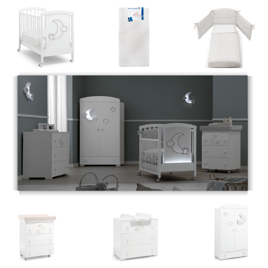 Pachet mobila 6 piese Moon Wifi Patut + Saltea + Set Textil Protectie + Comoda + Cabinet + Dulap