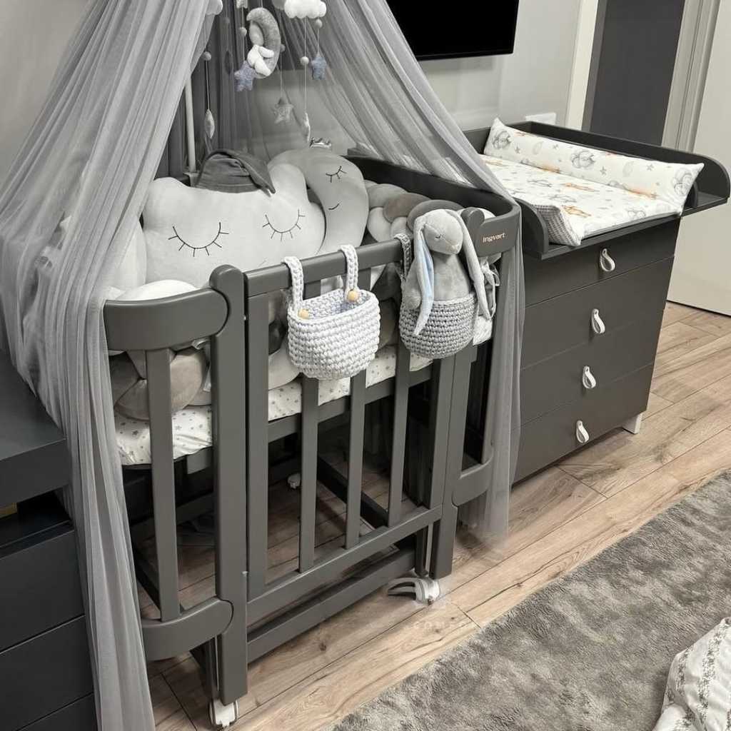 5 in 1 Transformable Crib Nika Grey Wood with Thick Bars 60x95/120 cm Ingvart 