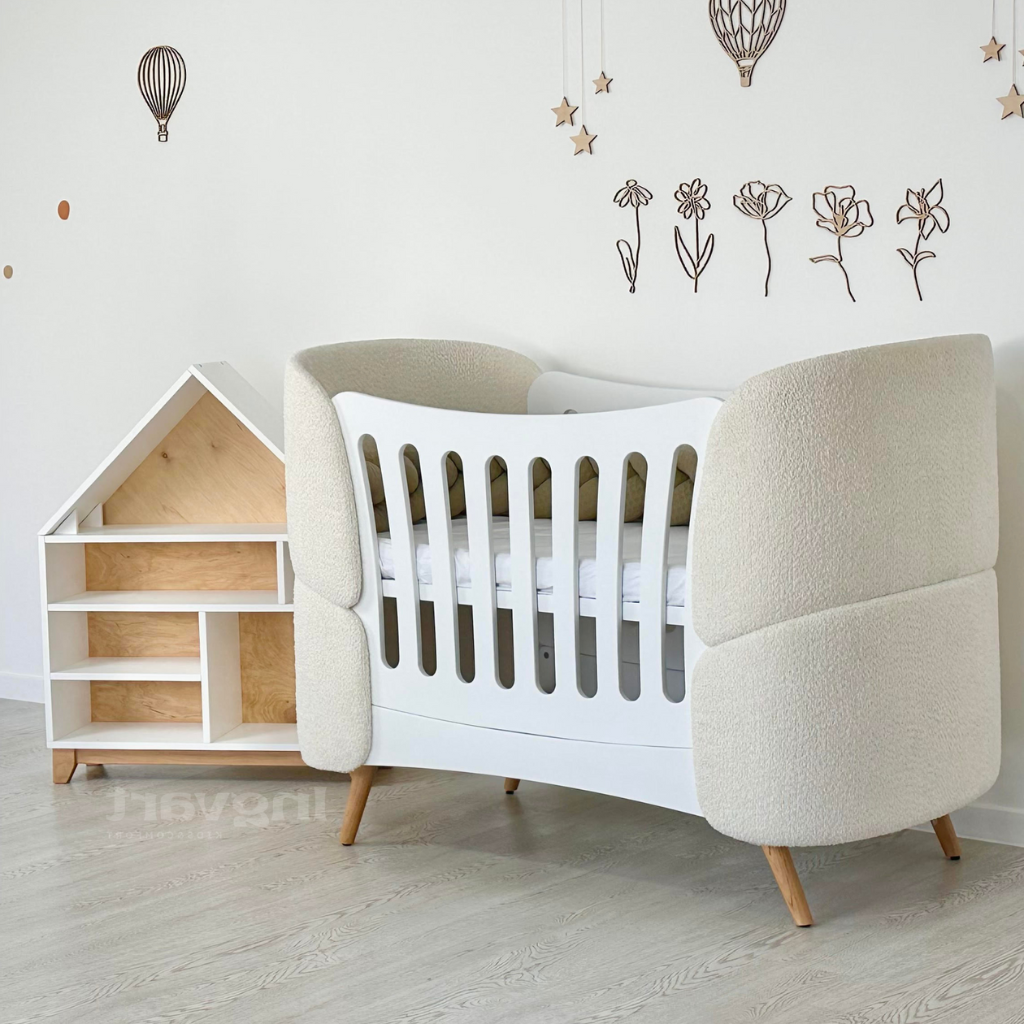 Premium Oval Convertible Crib Fly Bunny White Curly Design Quilted Fabric Loops 0-8 Years INGVART 