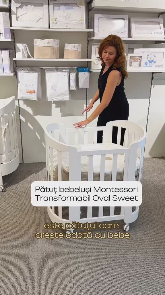 Pătuț bebe oval transformabil Sweet Alb & Natural Erbesi – prezentare video