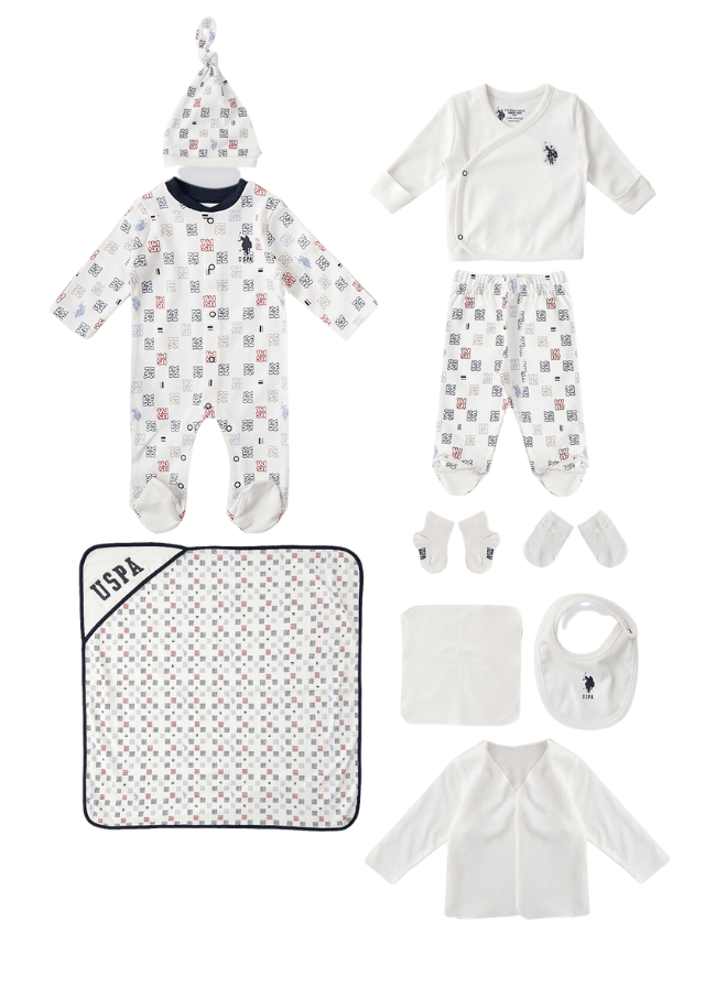 AnneBebe - Set 10 Piese pentru Nou-nascuti, Crem cu Imprimeu Logo USB1401 Us Polo Asnn