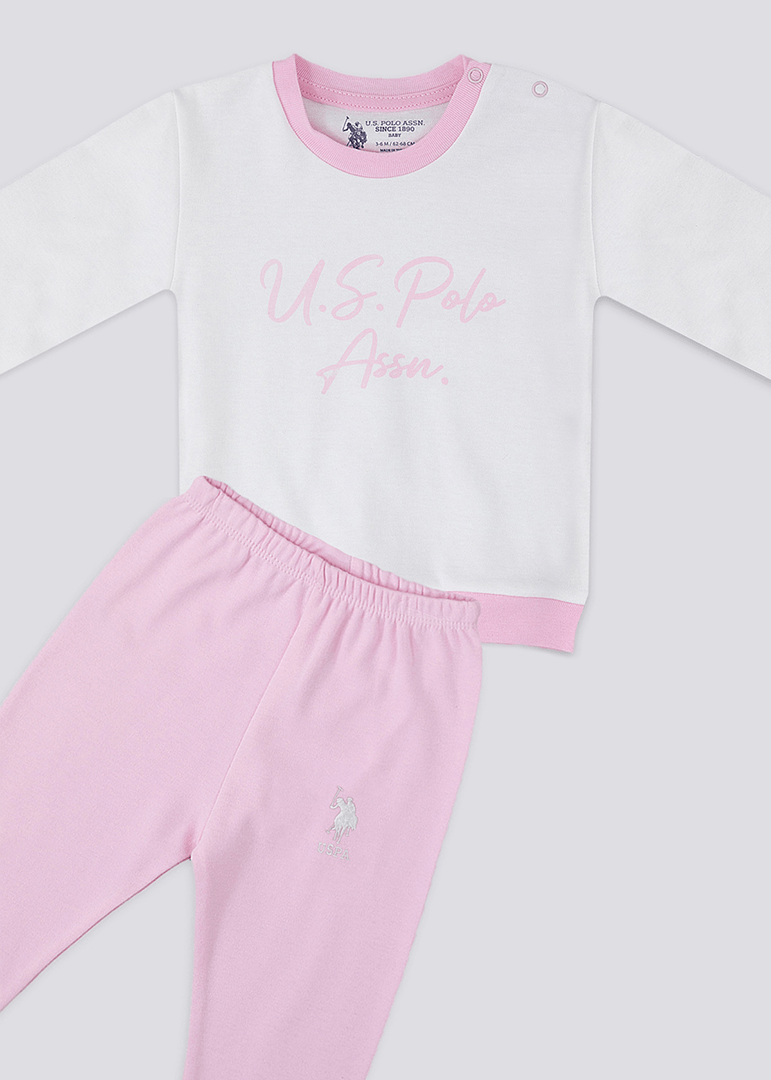 AnneBebe - Set 2 Piese Bluza Crem Cu Roz Cu Maneca Lunga & Pantaloni Lungi Roz Fetite USB1232 Us Polo Assn