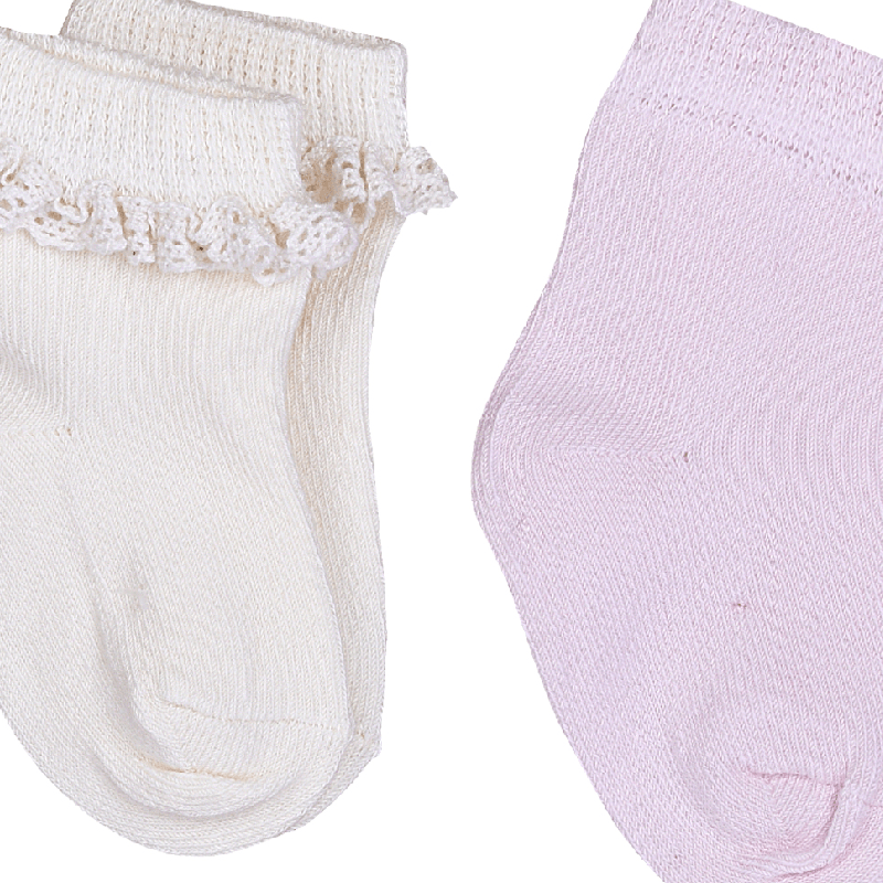 AnneBebe - Set 2 Sosete Bebelusi Fetita Bumbac Organic Elastic Crem & Roz Dantela KityKate S52381