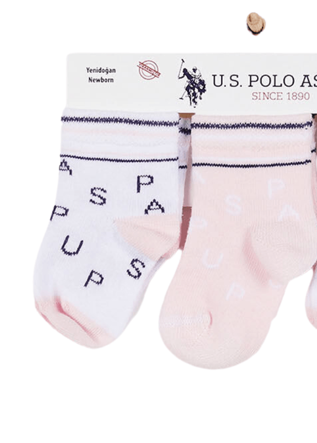 AnneBebe - Set 3 Perechi de Sosete pentru Fetite, Alb cu Roz si Litere USB948 Us Polo Assn