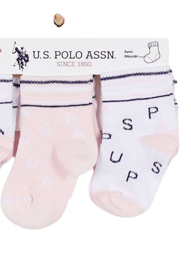 AnneBebe - Set 3 Perechi de Sosete pentru Fetite, Alb cu Roz si Litere USB948 Us Polo Assn