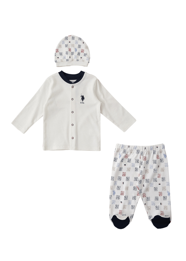 AnneBebe - Set 3 Piese Baietei, Bluza Crem, Pantaloni si Fes Crem cu Imprimeu USB1403 Us Polo Assn