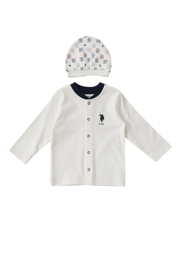 AnneBebe - Set 3 Piese Baietei, Bluza Crem, Pantaloni si Fes Crem cu Imprimeu USB1403 Us Polo Assn