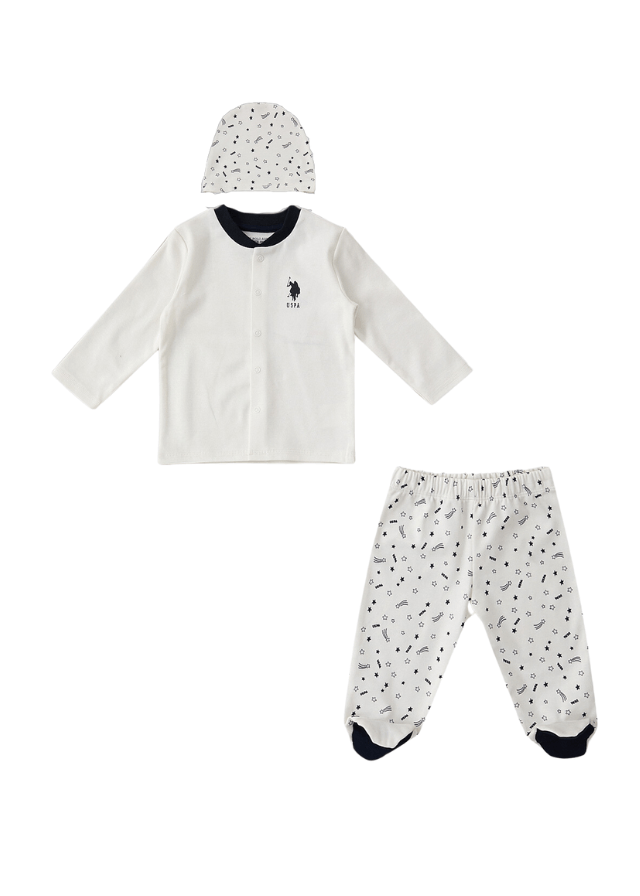 AnneBebe - Set 3 piese Baietei, Bluza Crem, Pantaloni si Fes USB1419 Us Polo Assn