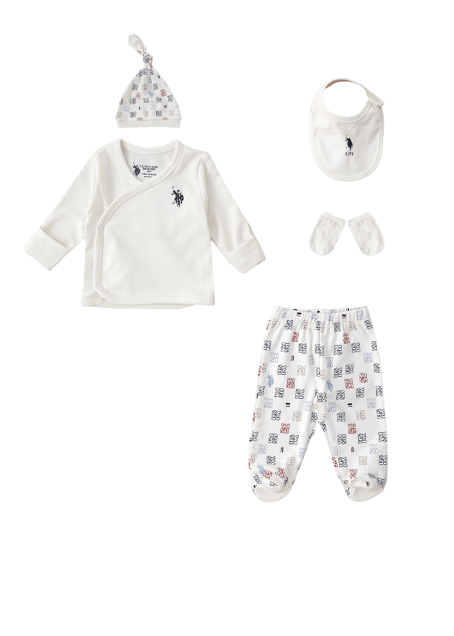 AnneBebe - Set 5 Piese Nou Nascut, Bluza, Pantaloni, Bavetica, Botosei si Fes USB1400 Us Polo Assn