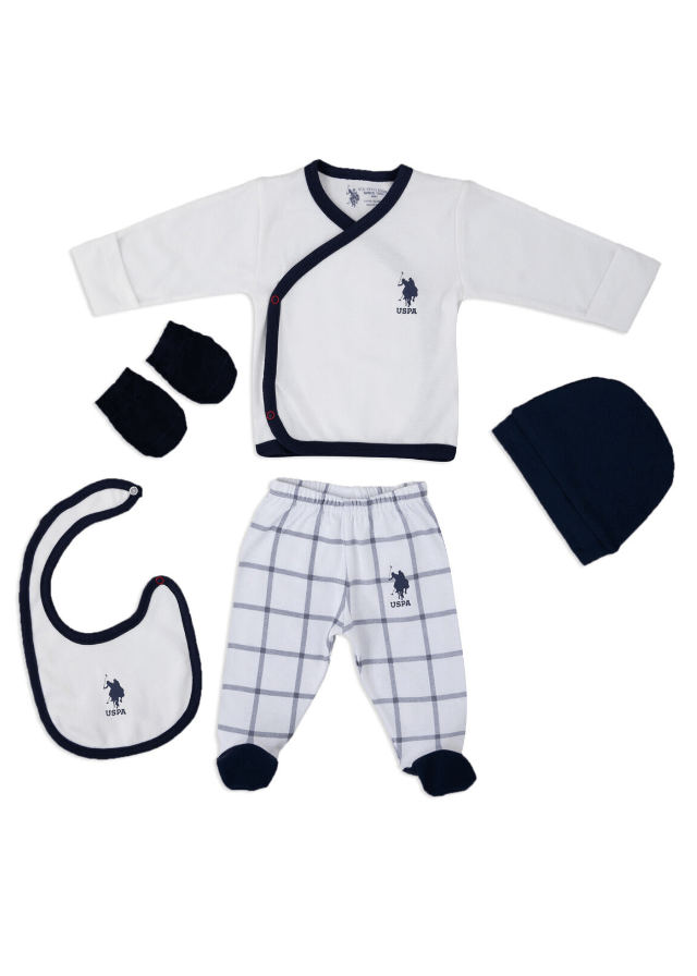 AnneBebe - Set 5 Piese Nou-Nascuti, Crem cu Carouri Bleumarin USB1073 Us Polo Assn