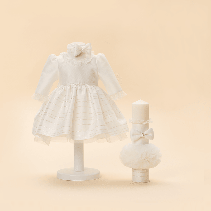 AnneBebe - Set Botez Ana 2 Piese Ivory Guler Cu Danteluta ( Rochita+Lumanare ) Personalizat Botez AnneBebe