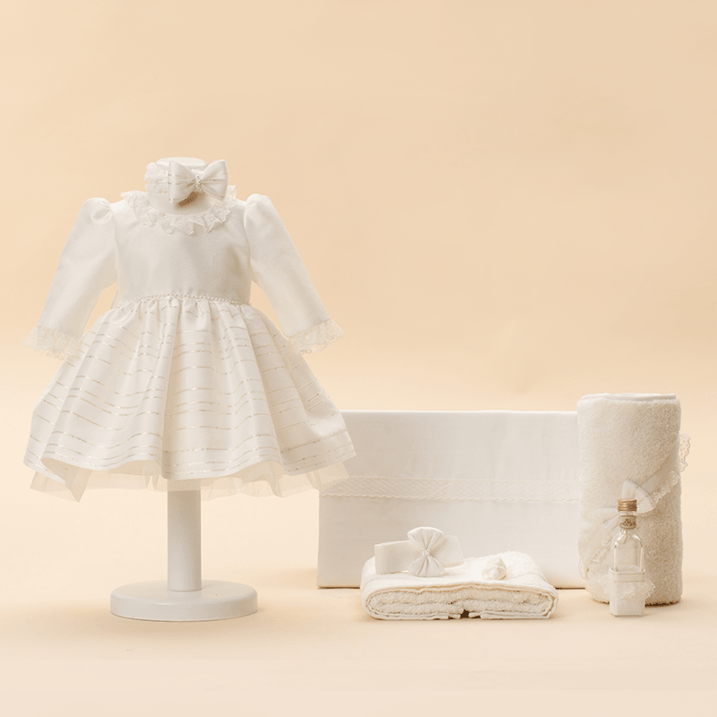 AnneBebe - Set Botez Ana 2 Piese Ivory Guler Cu Danteluta ( Rochita+Trusou ) Personalizat Botez AnneBebe