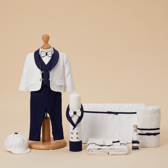 Set Botez Baietei Bennie 3 Piese, Costum, Trusou si Lumanare Personalizat AnneBebe