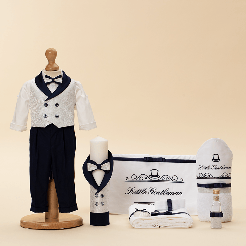 AnneBebe - Set Botez Carol 3 Piese Alb ( Costum+Trusou+Lumanare ) Personalizat