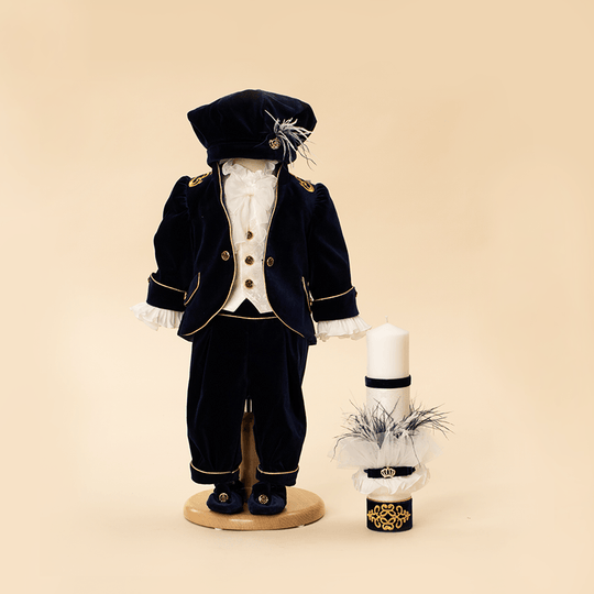 Small Print 2 Piece Christening Set, Costume and Candle Customizable Boys AnneBebe