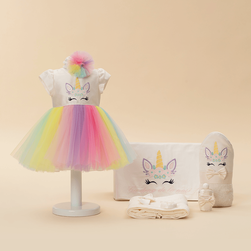 AnneBebe - Set Botez Olivia 2 Piese Unicorn ( Rochita+Trusou ) Personalizat Botez AnneBebe