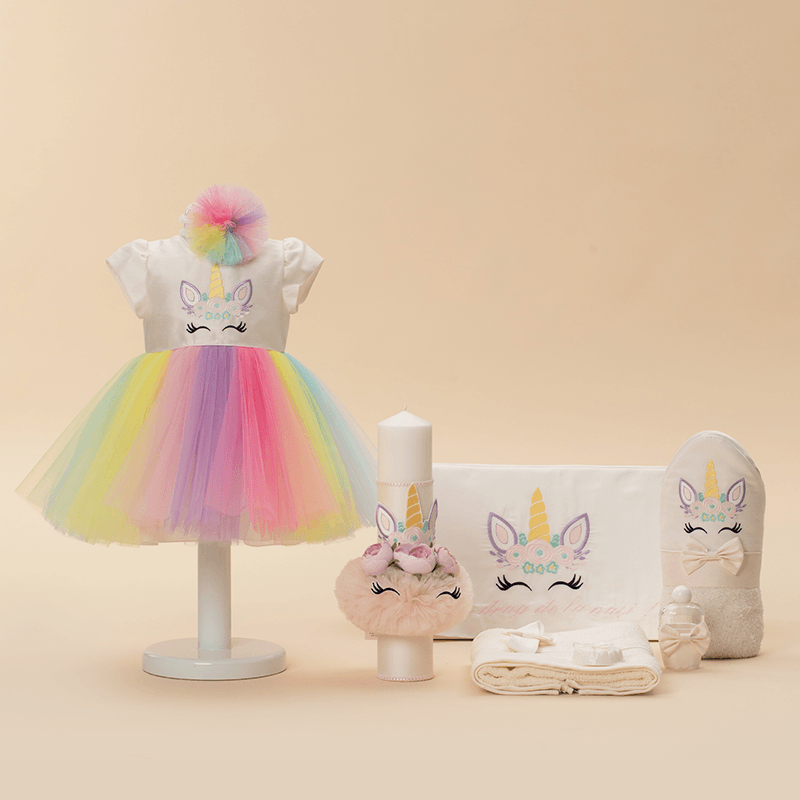 AnneBebe - Set Botez Olivia 3 Piese Unicorn ( Rochita+Lumanare+Trusou ) Personalizat Botez AnneBebe