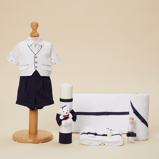 Set Botez Serban In 3 Piese, Costum, Trusou si Lumanare Botez Baieti AnneBebe