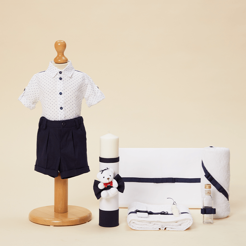 AnneBebe - Set Botez Voinea 3 Piese ( Costum+Trusou+Lumanare ) Personalizabil Botez Baieti AnneBebe