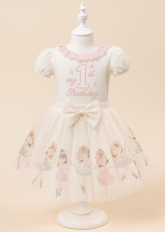 Set Aniversar 1 An Fetita Bumbac Body & Fustita Balerina AnneBebe