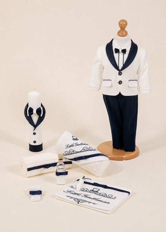 Set Botez Domenico 3 Piese, Costum, Trusou si Lumanare Personalizat Botez AnneBebe