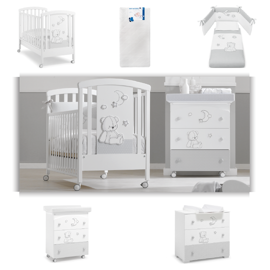 Pachet mobila 5 piese Stella Patut + Saltea + Set Textil Protectie + Comoda + Cabinet