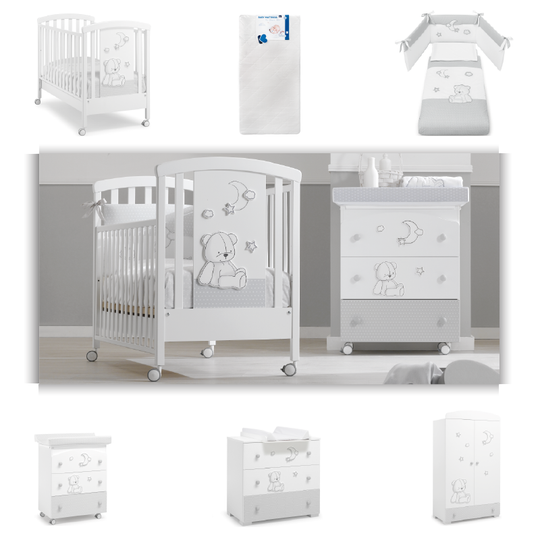 Pachet mobila 6 piese Stella Patut + Saltea + Set Textil Protectie + Comoda + Cabinet + Dulap