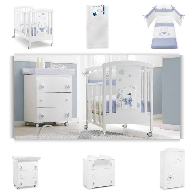 Dormitor Complet Baieti 6 piese Patut + Saltea + Set Textil Protectie Tato + Comoda + Cabinet + Dulap - Camera Bebelusului