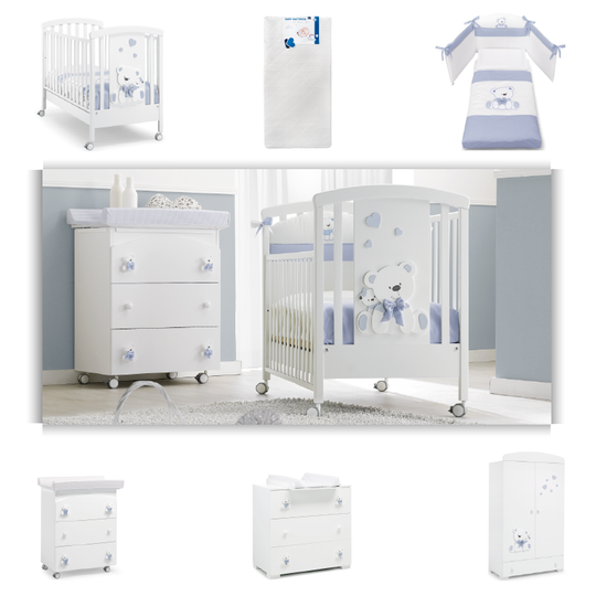 Dormitor Complet Baieti 6 piese Patut + Saltea + Set Textil Protectie Tato + Comoda + Cabinet + Dulap