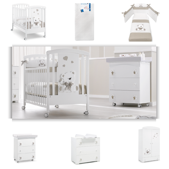 Pachet mobila 6 piese Patut + Saltea + Set Textil Protectie Tato + Comoda + Cabinet + Dulap