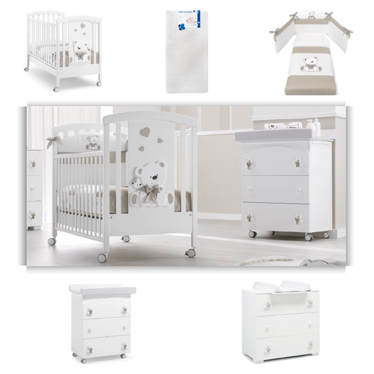 Pachet mobila 5 piese Patut + Saltea + Set Textil Protectie Tato + Comoda + Cabinet