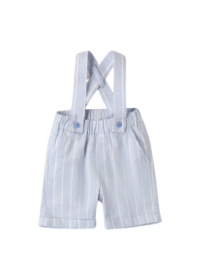 Pantaloni Scurti Bleu cu Dungi Albe si Bretele din In pentru Baietei 8680 Minibanda - Camera Bebelusului